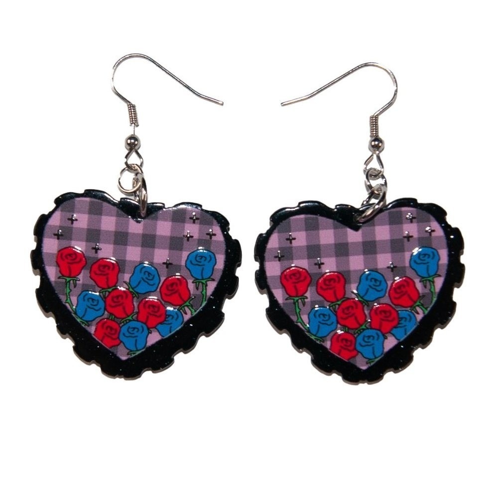 Black & Purple Frilly Goth Tulip‎ Heart Earrings Hypoallergenic